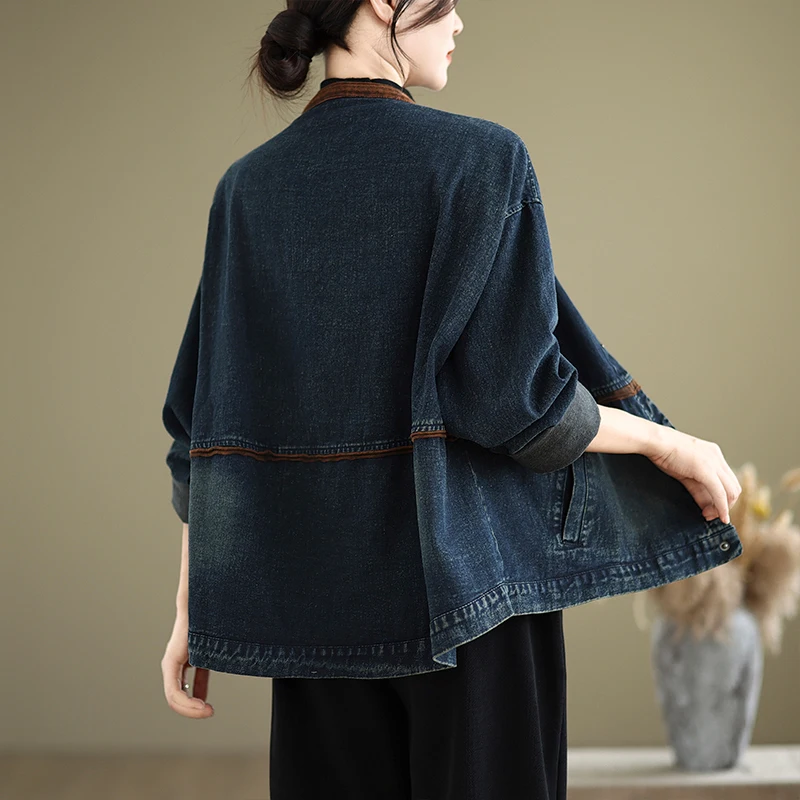 

Джинсовое трикотажное джинсовое пальто в стиле ретро, круглое, свободное модное пальто больших размеров из смеси хлопка, уличное пальто на пуговицах