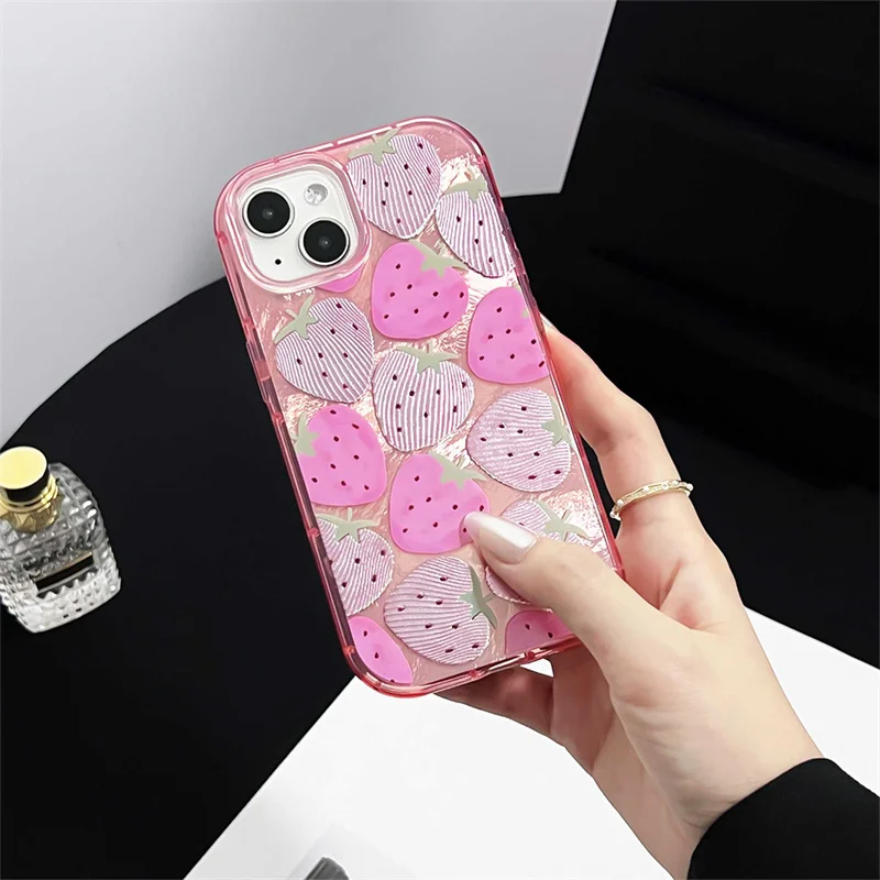 ピンクのストロベリーパターンの電話ケース,シルバーのモスリンデザインの電話ケース,iPhone 15,14,13 pro max,15pro用の素敵な保護ケース