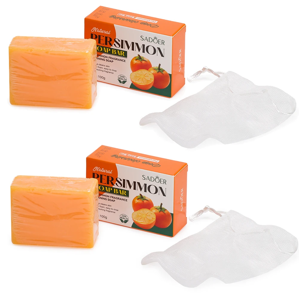 1/2 Stuks Persimmon Reiniging Zeep Bar Met Schuimende Netto Lichaamsverzorging Gezicht Wassen Exfoliërende Whitening Zeep Fruit handgemaakte Douche Zeep