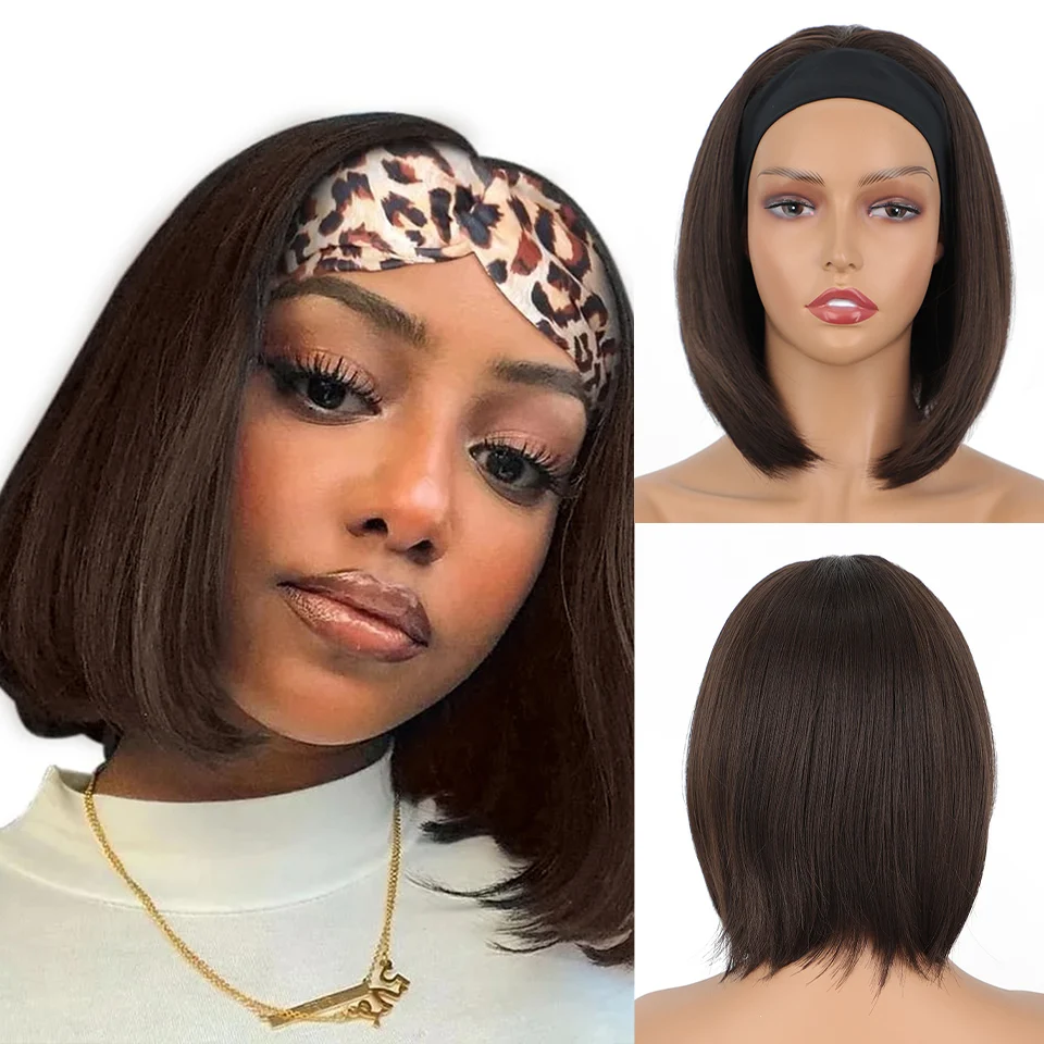 Synthetic Short Dark Brown Wig Headband Wig Straight Wig for Women Daily Party Nightclub Use Heat Resistant Hair