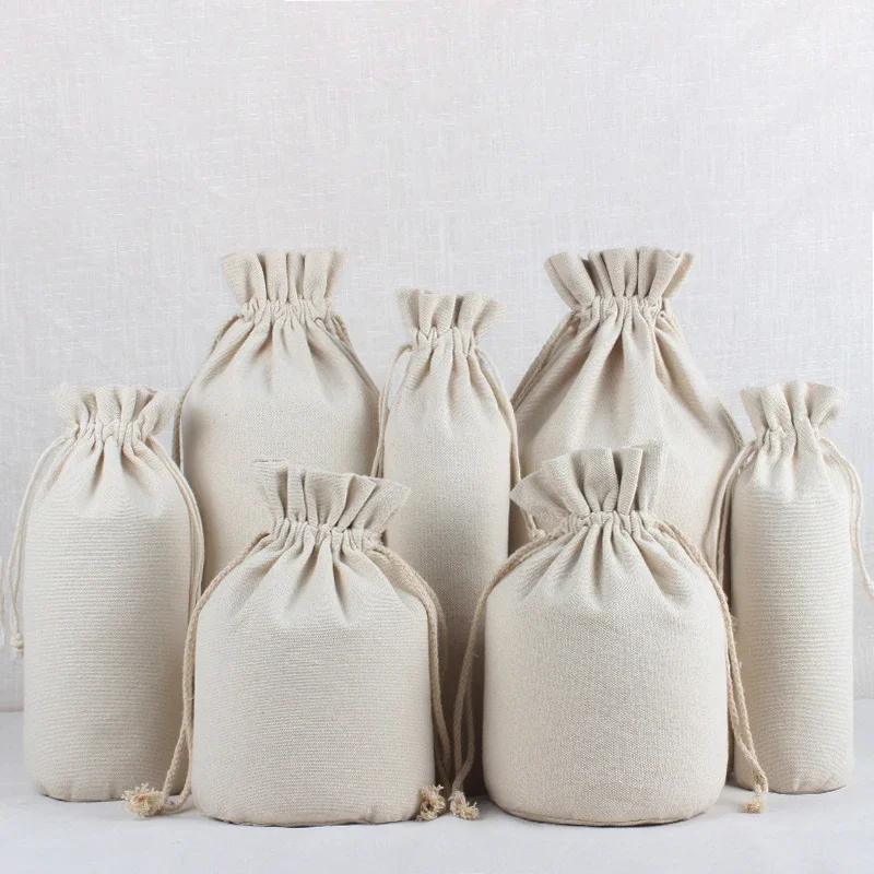 Round Bottom Cotton Linen Canvas Bag Rice Grain Flour Drawstring  Storage Bags Household Kitchen Sundries Packaging Sacks