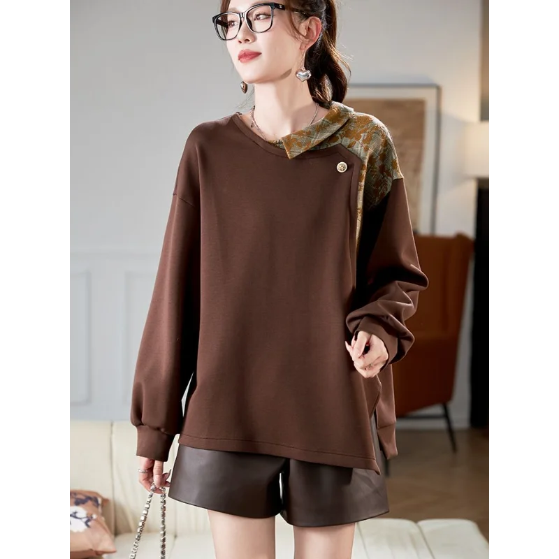 Felpa stile scozzese jacquard da donna nella primavera e nell'autunno 2025 Nuovo top ampio e versatile che copre la pancia