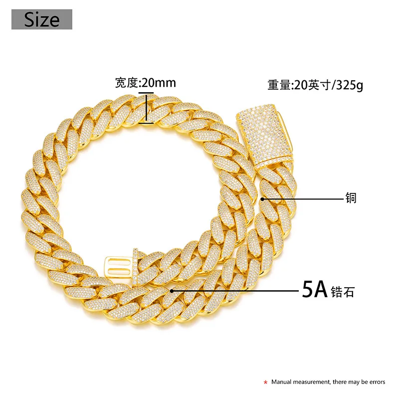 20mm Big Heavy 4 Rows CZ Stone Paved Bing Iced Out Solid Round Cuban Miami Link Chain Necklaces for Men Hip Hop Rapper Jewelry