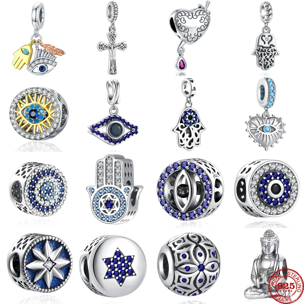 New 925 Sterling Silver Blue Eye & Greece Christ Cross Buddha Charms Bead Fit Original Pendant Bracelets Charm DIY Women Jewelry