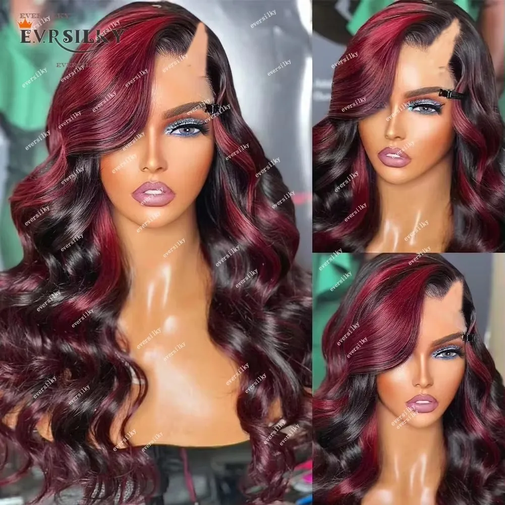 

Burgundy Highlights Body Wvae V Part Remy 100% Human Hair Wig Ombre 99J Red Side/Middle Open Wig Body Wavy U Shape Full End 250%
