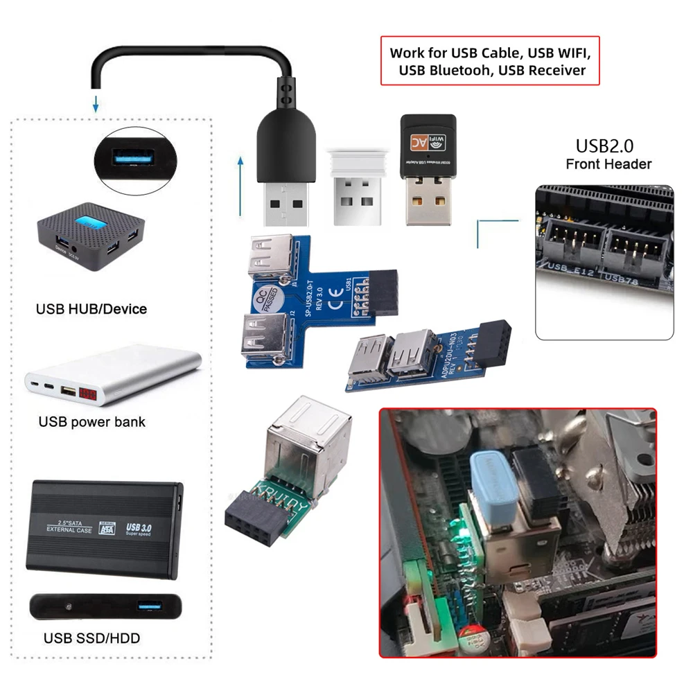 3pcs/set 9Pin USB2.0 Motherboard Front Panel Header Female to Dual USB Female Adapter Vertical Horizontal Type