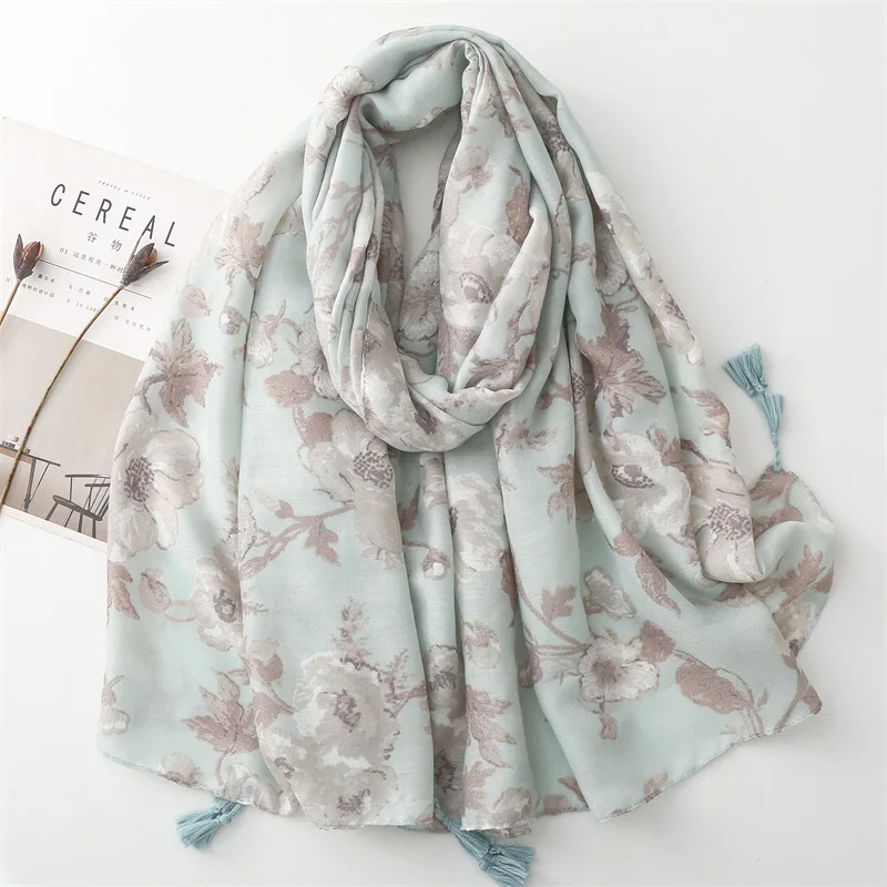 

2024 Spring Cotton Ombre Flower Print Tassel Scarf Shawls Long Floral Scarves Hijab Wrap