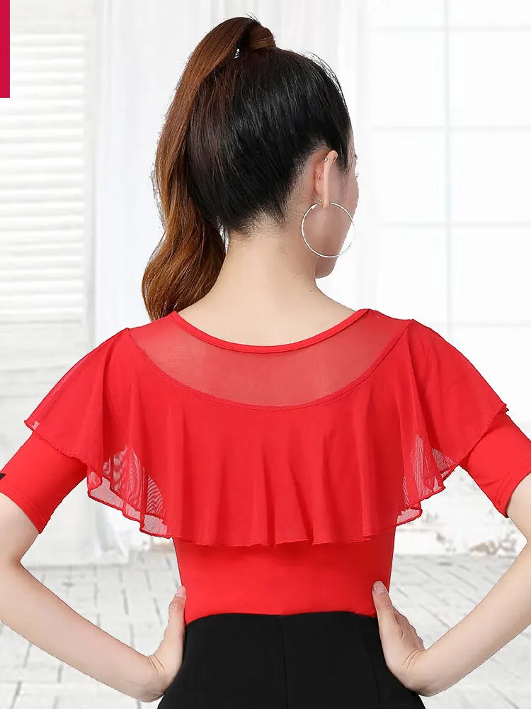 Ruffles Adult Costume Line Dance Middle Sleeves T-shirt Women Dancewear Jazz Solid Color Competition Classical Party Latin Top