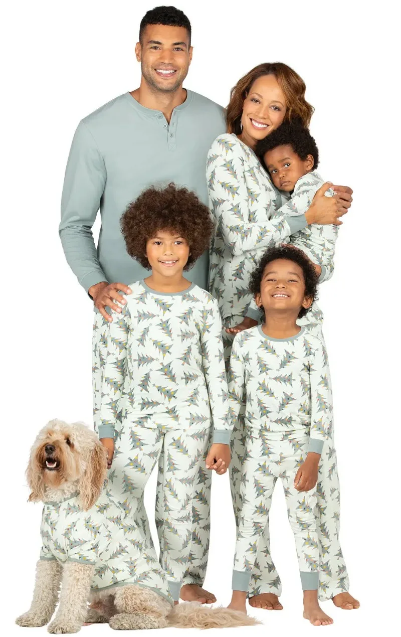 Christmas Tree Print Family Pajamas Set Mom Daughter Dad Son Matching Outfits Baby&Dog Romper Full Sleeve 2 Pieces Suit Homewear