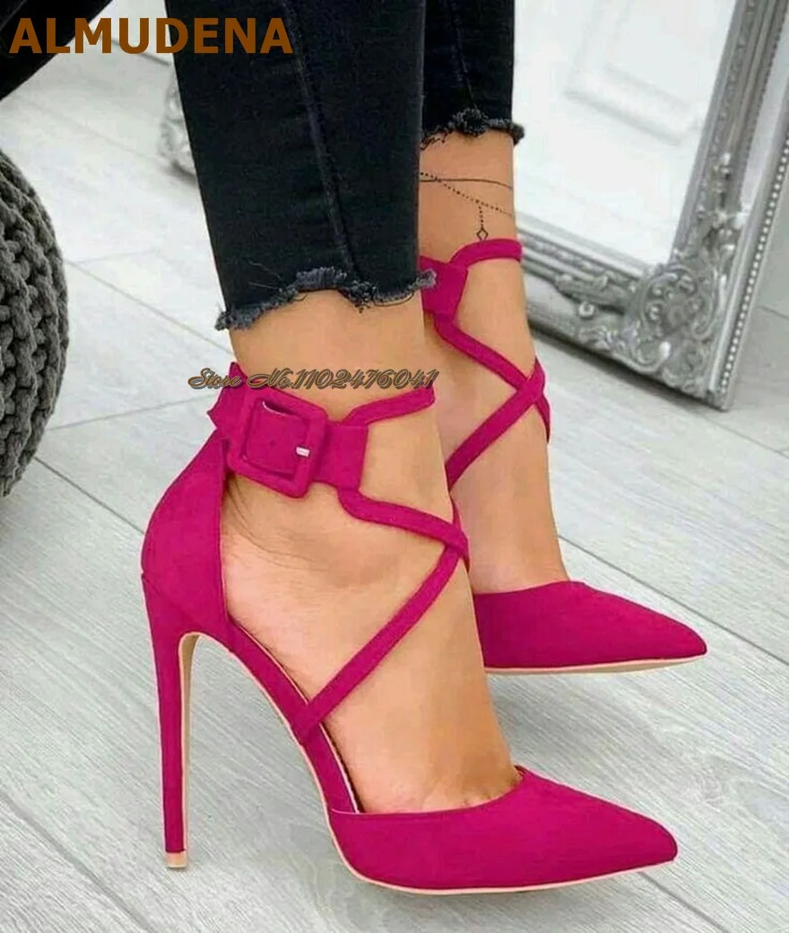 ALMUDENA Red Pink Suede Stiletto Heels Pointed Toe Dress Pumps Cross Straps Square Buckle Party Shoes Size46 Dropship Heels