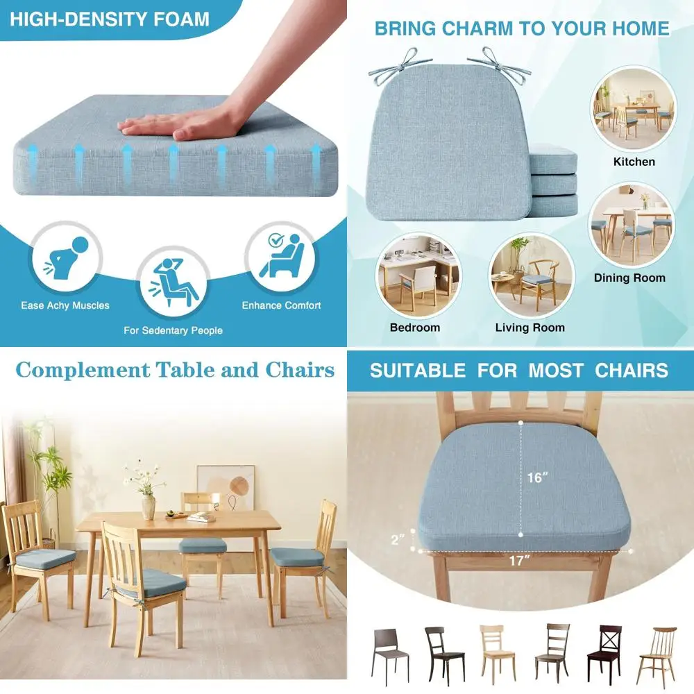 

Set of 6 Light Blue Non-Slip Kitchen Chair Cushions, 17 x 16 x 2, with Ties for Indoor Dining Chairs, D-Shaped Seat Pads