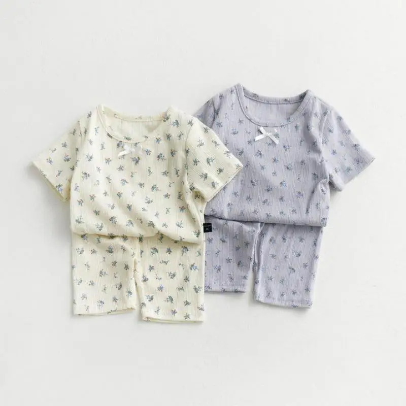 

Summer New Girls Short Sleeve Home Clothing Set Children Cute Floral Tops + Shorts 2pcs Suit Baby Girl Princess Set Kids Outfits