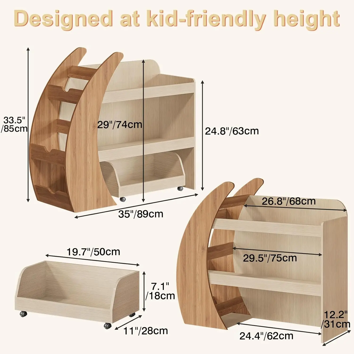Montessori Kids Bookshelf Toy Storage Toddler Bookcase Wooden Book Organizer Front Facing Display Open Shelves Rolling Drawer Bo