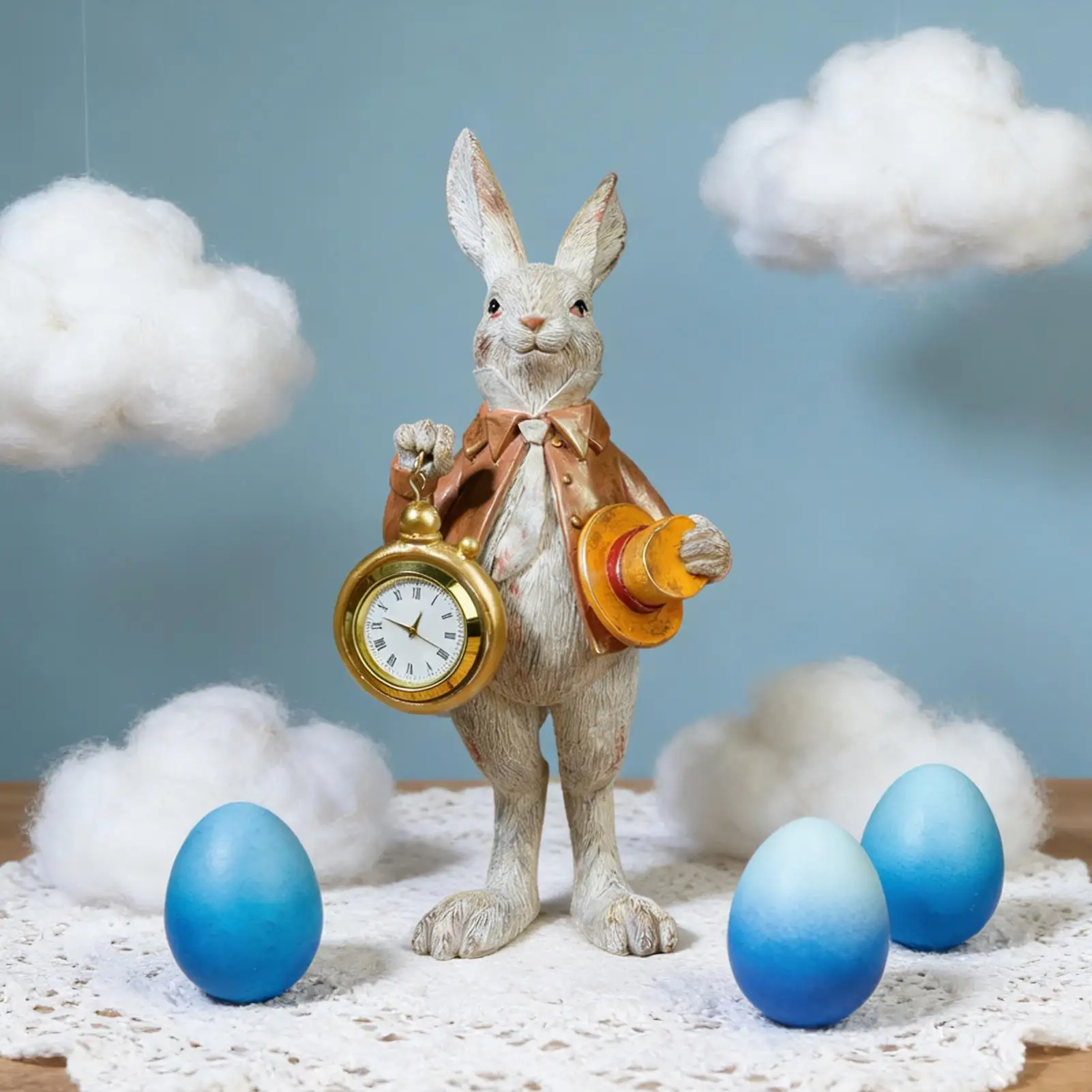 Bunny Figurine with Clock Top Hat Cute Home Decor Easter Bunny Decorations Small Figurines for Bedroom Office Farmhouse School