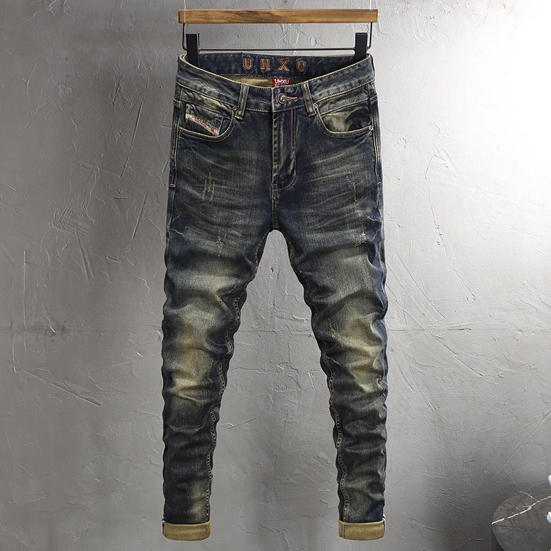 

Street Fashion New Men's Jeans Vintage Blue Elastic Slim Fit Split Jeans Wash Water Nostalgic Hip Hop Brand Pants