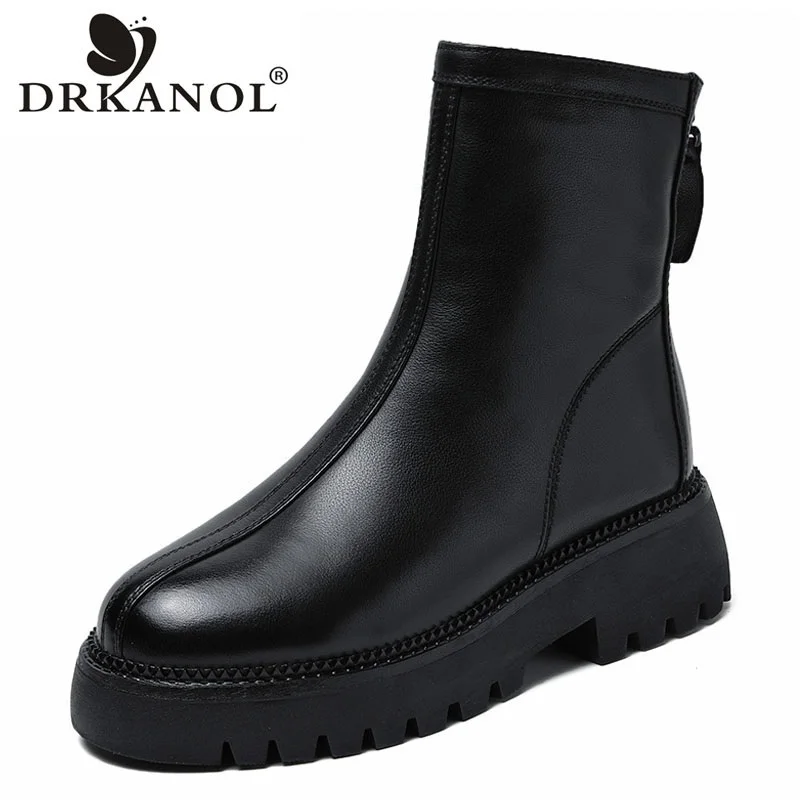 DRKANOL Handmade Retro Women Genuine Cow Leather Mid Calf Boots Round Toe Back Zipper Autumn Winter Warm Platform Chelsea Boots