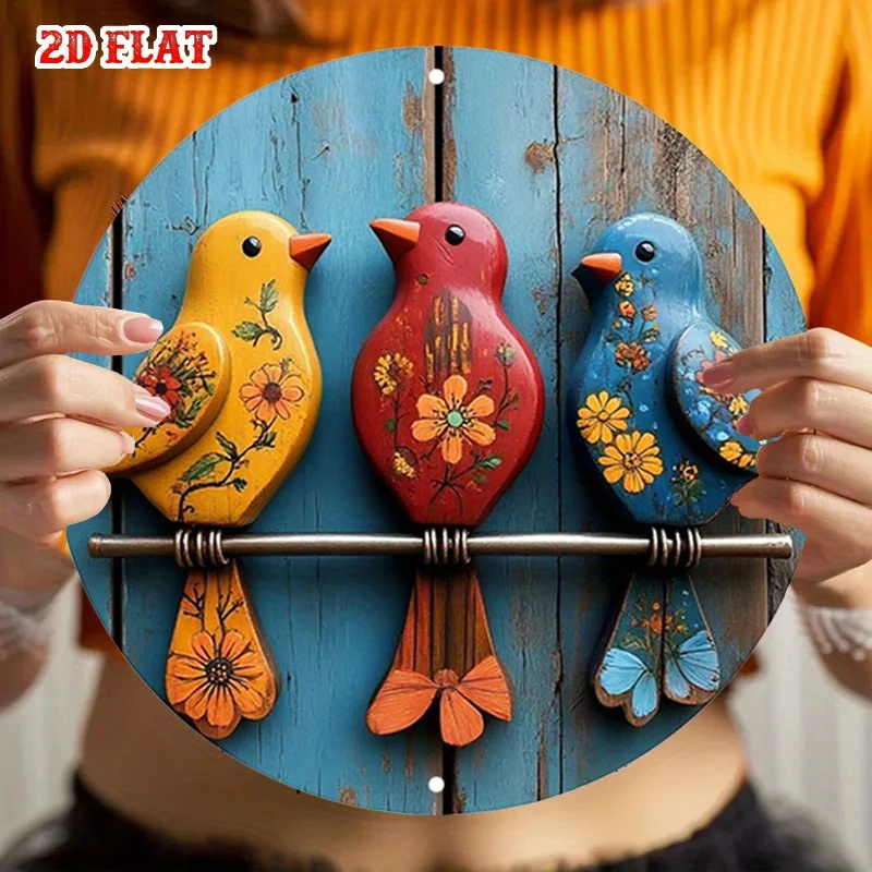 2D Flat, 1pc Colorful Birds & Floral Branches in Yellow, Red, Blue, Green - Rustic  for Home, Kitchen, Cafe, Garage