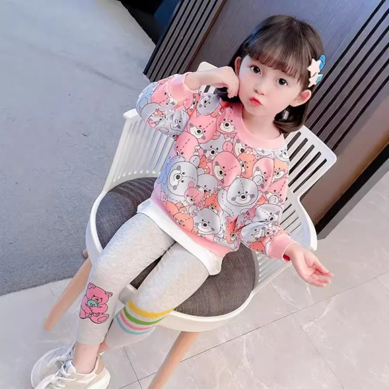 2024Spring and Autumn New Girls Western Style Cute Bear Hoodie Sweatpants Casual Two-Piece Suit