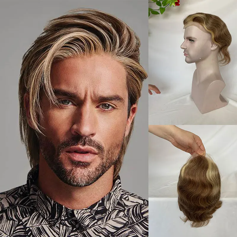 Swiss Full Lace European Human Hair Piece Toupee for Men 4mixed 27 highlight 613 Colored Hair System for Man Wigs 8x10 inch