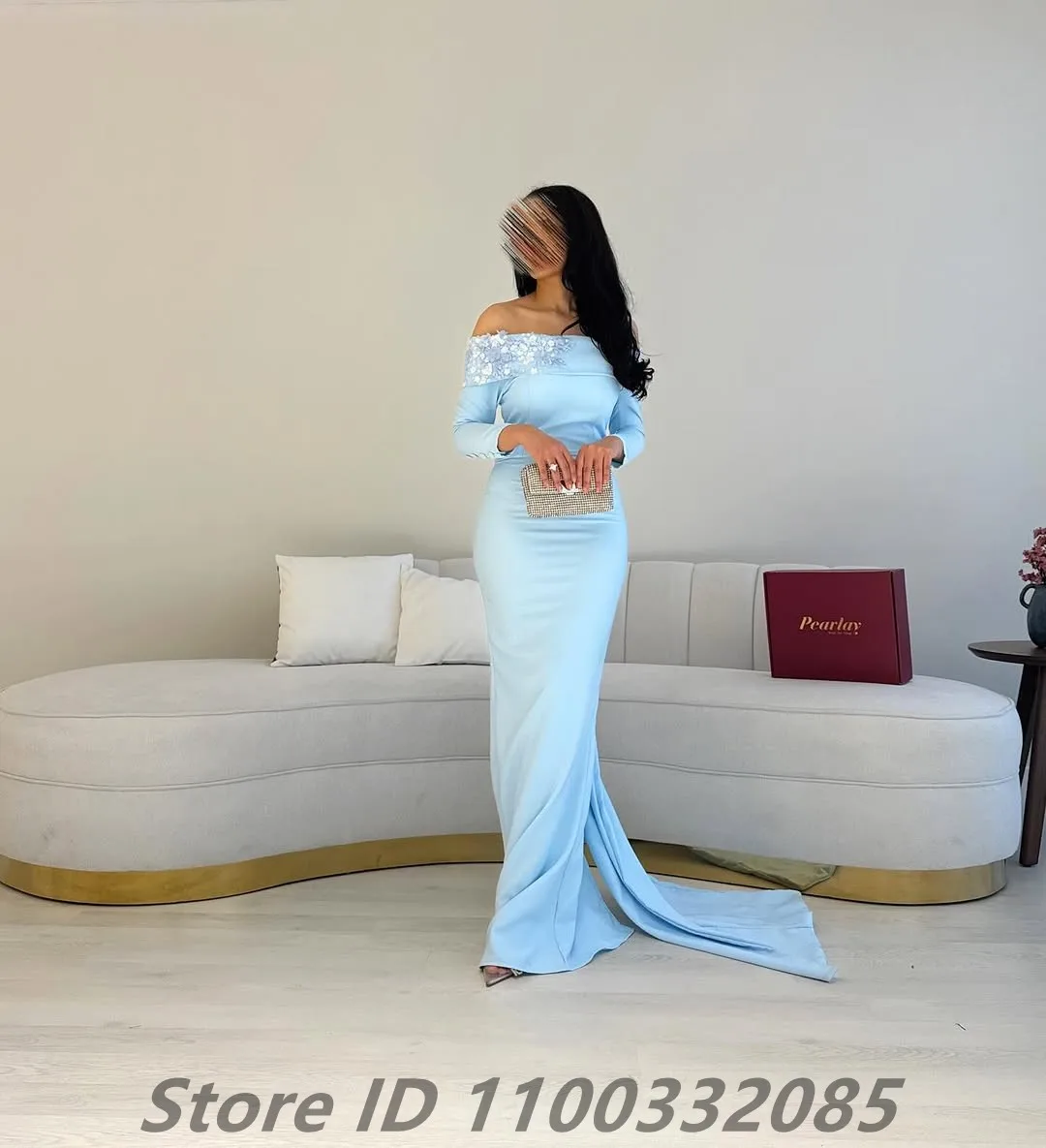 Eightale 2024 Sky Blue Mermaid Saudi Srabic Long Sleeve Evening Dress For Wedding Party Prom Dress Dubai Party Gown Customized