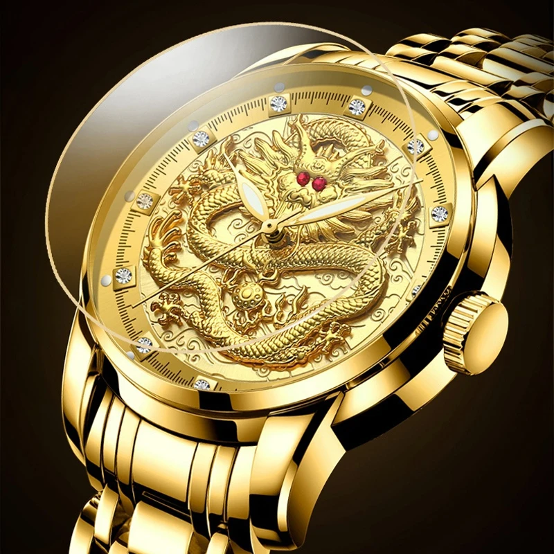 New Fashion Embossed Golden Dragon Mens Quartz Watches Stainless Steel Band Waterproof Business Men Watch Relogio Masculino