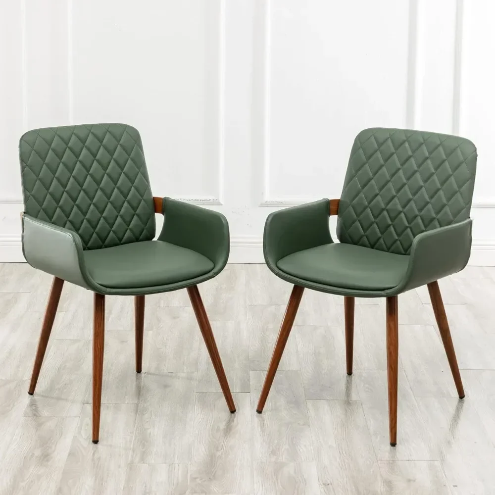 Mid Century Modern Faux Leather Dining Chairs Set of 2, Green, Upholstered Seat, Metal Legs, Adjustable Foot for Kitchen Dining