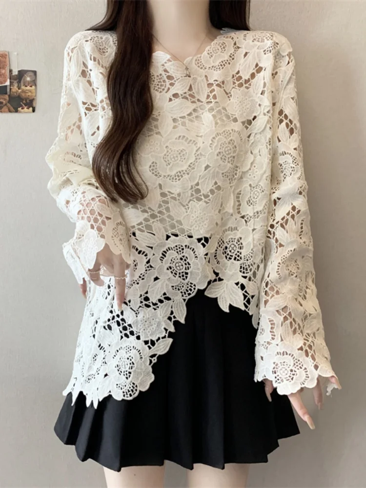 

SMTHMA нерегулярный кружевной ажурный топ женский 2025 новая свободная утягивающая блузка с длинными рукавами и круглым вырезом