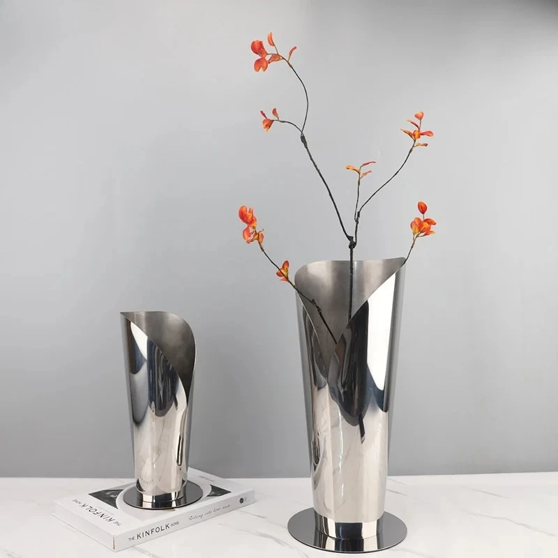 Front Opening Stainless Steel Geometric Vase Table Decoration Flowers Arrangement Dried Flower Floral Vases Room Aesthetic Decor