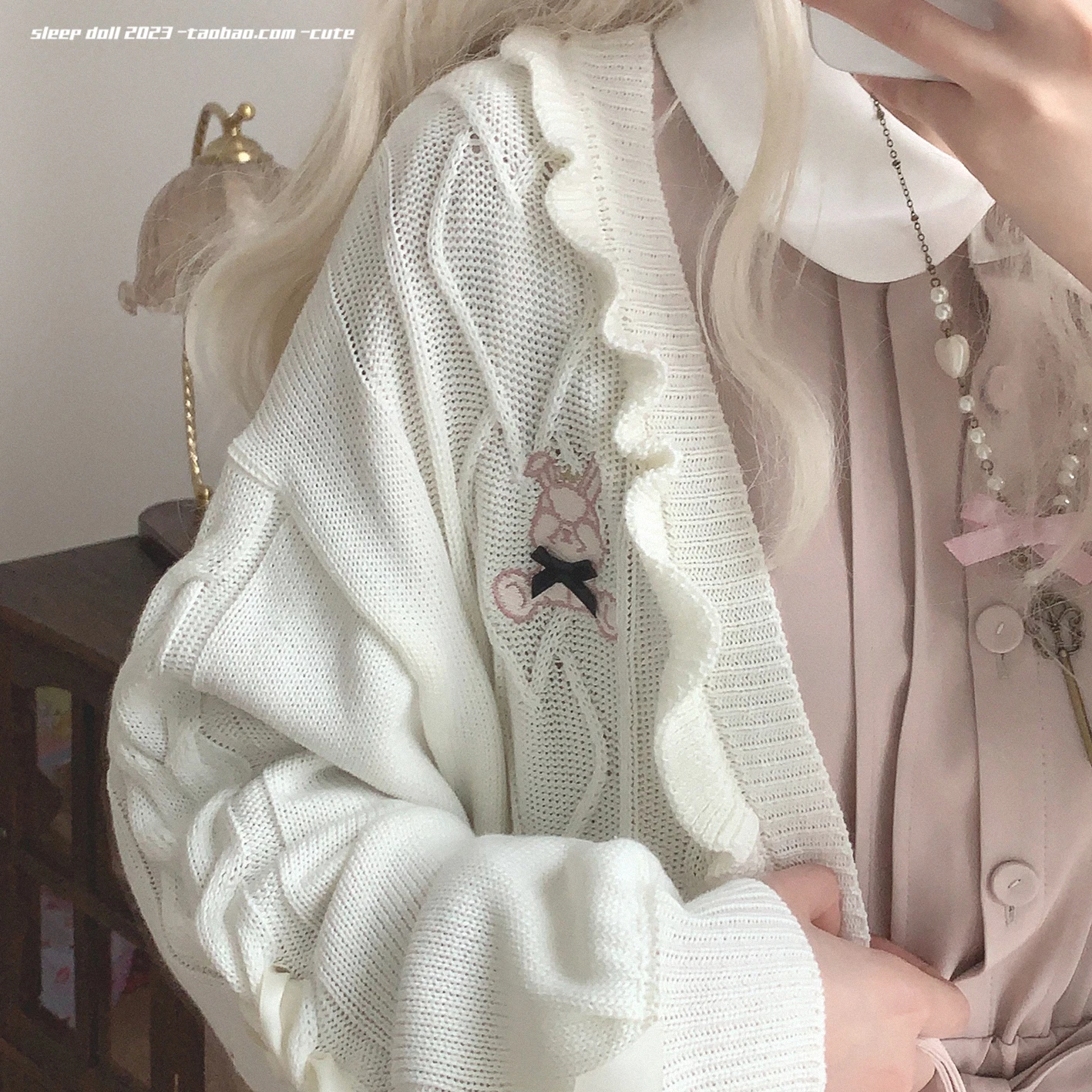 Sweet Ruffles Love Button Strap Bow Rabbit Embroidery Knit Cardigan Woman 2023 Autumn New Cute Girl Long Sleeve Knitted Cardigan