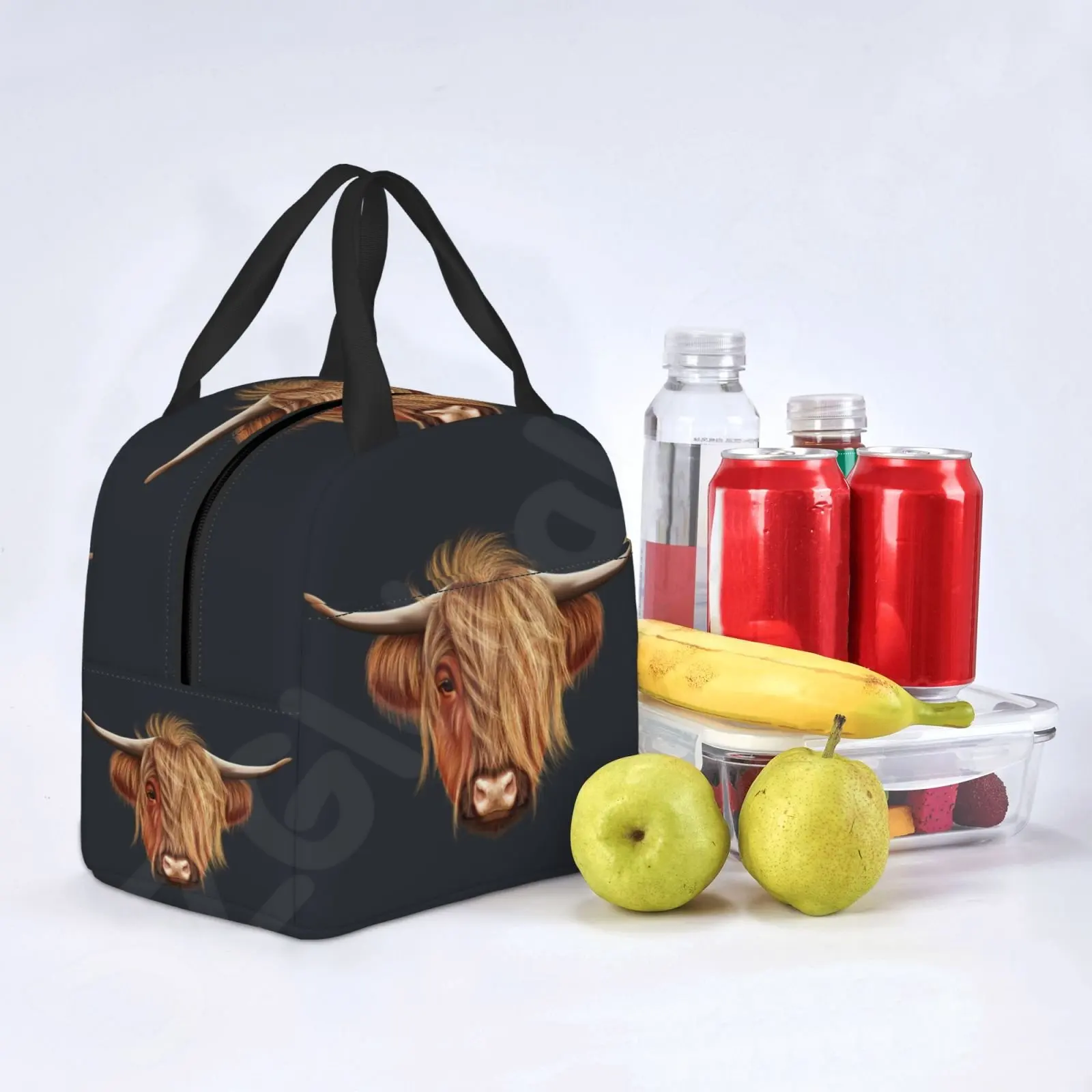 Scottish Hairy Highland Cow Thermal Lunch Bag for Women Men Reusable Insulated Bento Tote Bags for School Work Picnic Food Bag