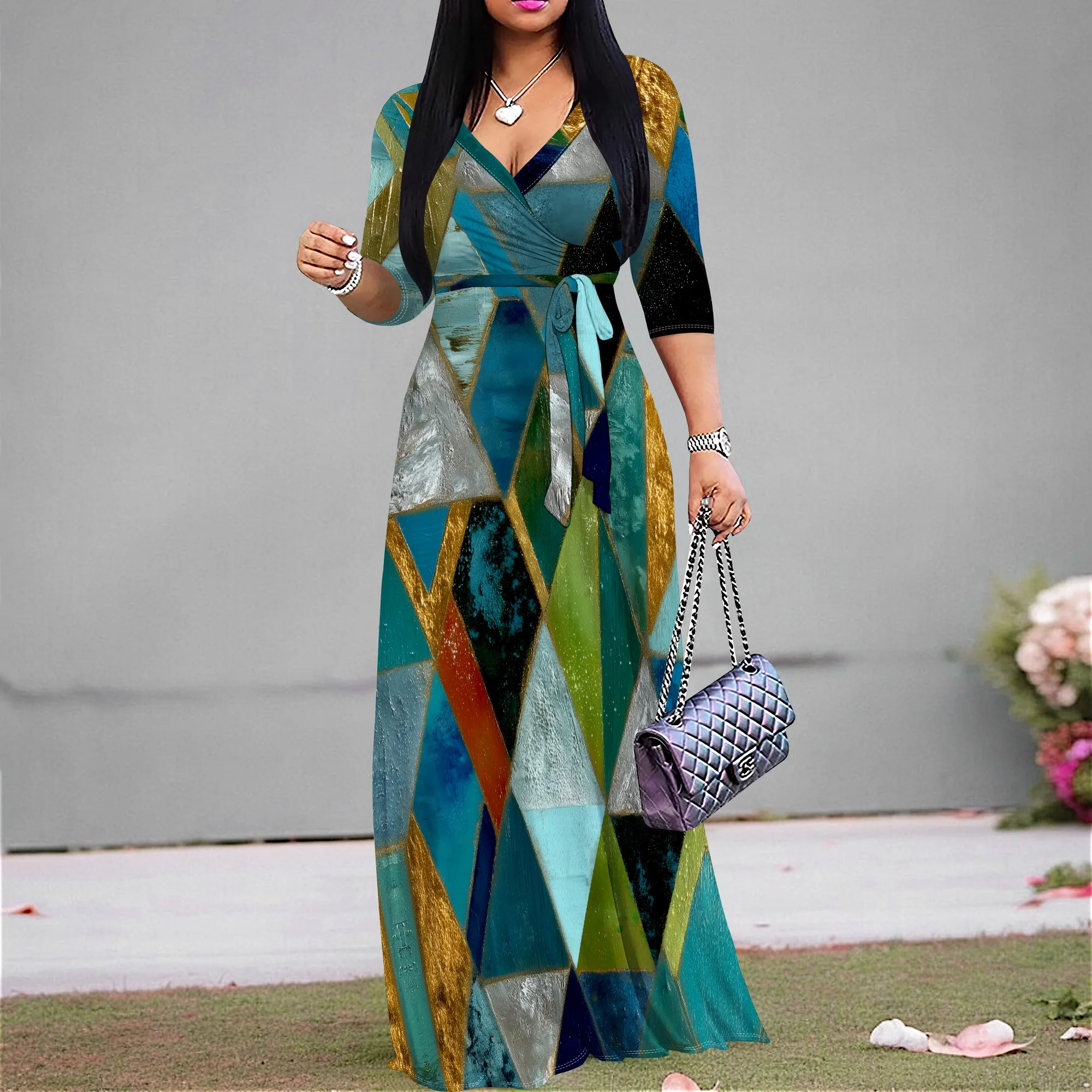 

Geometric Wrap Maxi Dress - S-3XL | Elegant for Cocktail Parties, Weddings & Evening Outings