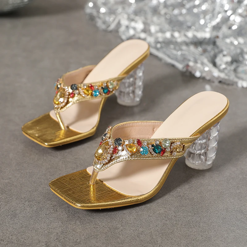 AIYKAZYSDL 2024 Gold Thong Clip Toe Slippers Slippers Slides Crystal Rhinestone Sandals Women Transparent Clear Square Heel