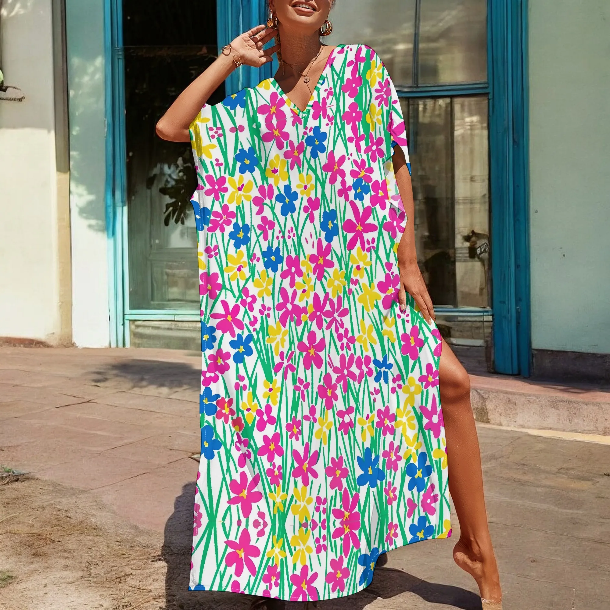 

Neon Flowers Graphics Kaftan Dresses for Women Caftan Bathing Swim Cover Up Boho Beach Split Dress Loungewear