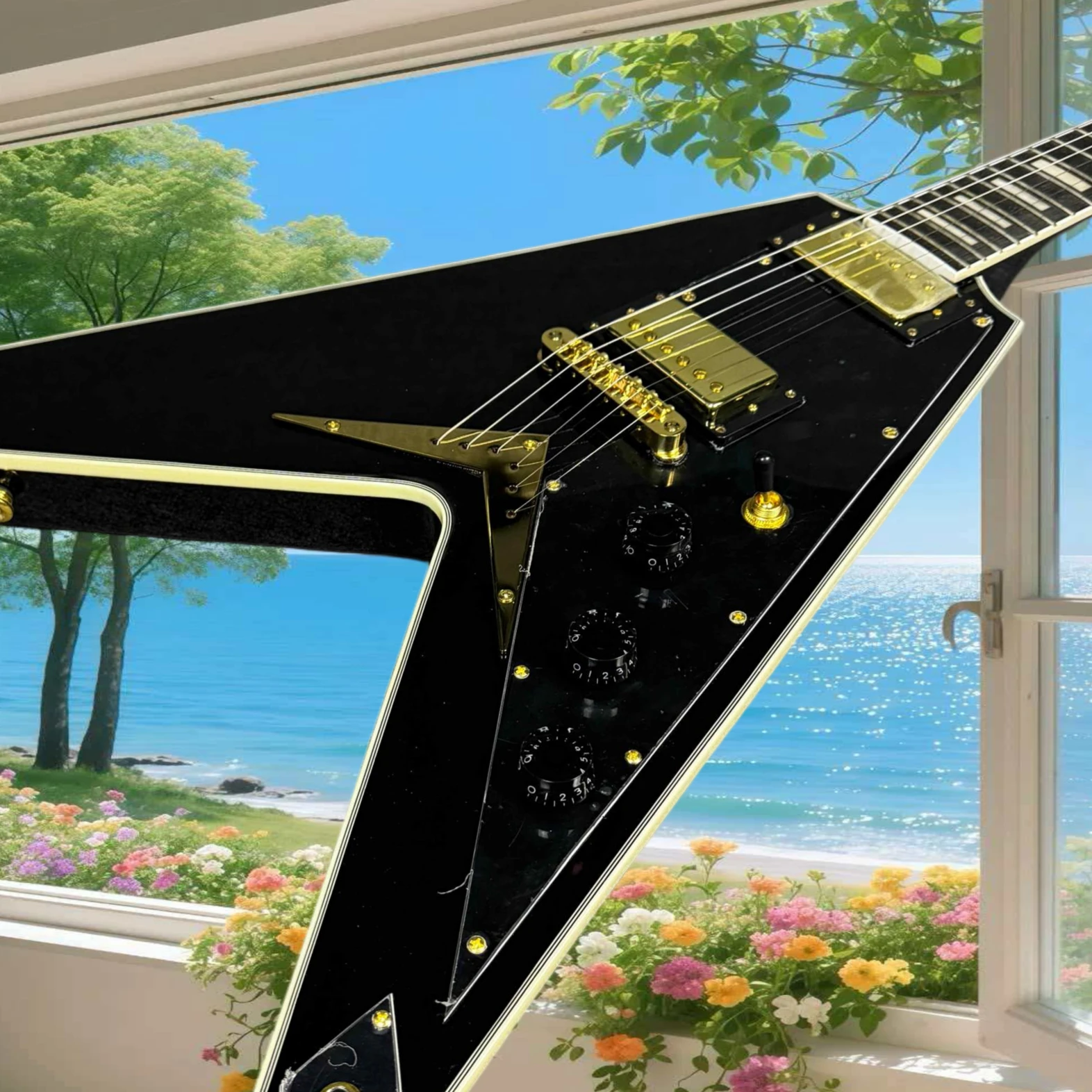 Gloss Black with Gold Binding Built Metal Flying V Electric Guitar HH Pickups Fixed Bridge Mahogany Body Classic Heavy Metal
