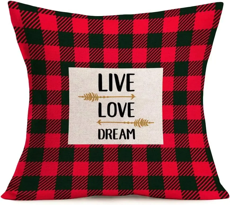 Throw Pillow Cover Red and Black Plaid Sweet Love Home Decorative Pillowcase Farmhouse Sofa Decorative Cushion Cover Pillowcase