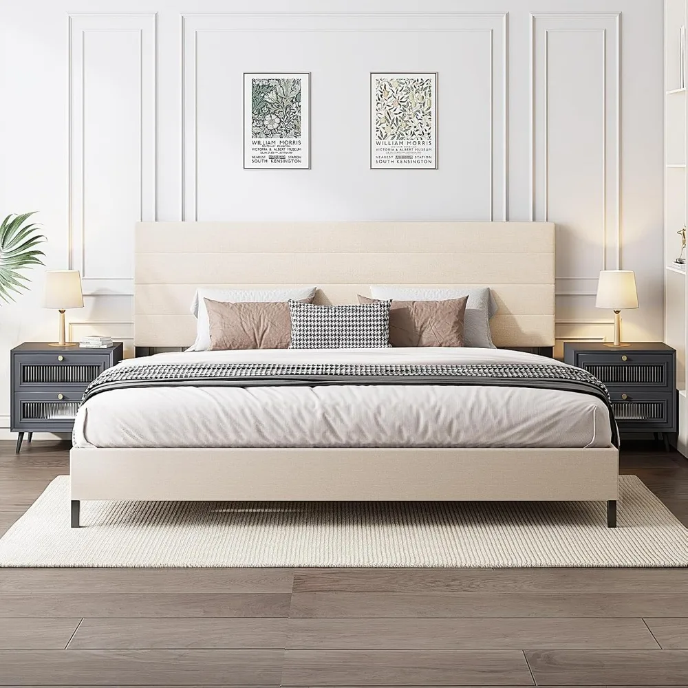 إطار سرير بحجم كينج، إطار سرير منجد حديث مع لوح رأسي من الكتان قابل للتعديل، منصة دعم شرائح خشبية، بدون صندوق Sp #1