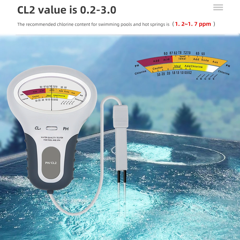 2 In 1 rilevatore di cloro PH e CL2 metri piscina Spa Tester per il monitoraggio del cloro Tester per la qualità dell'acqua di sorgente calda dell'acquario