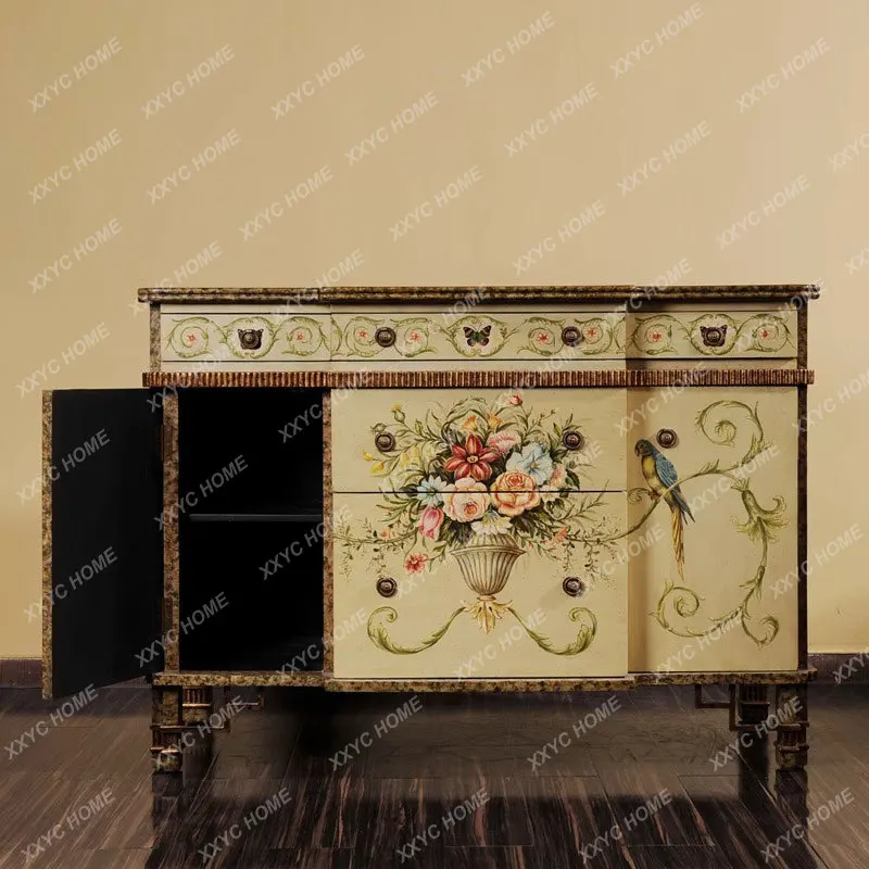 Retro heavy color hand-painted light yellow flowers and birds old living room large entrance cabinet shrine side chest