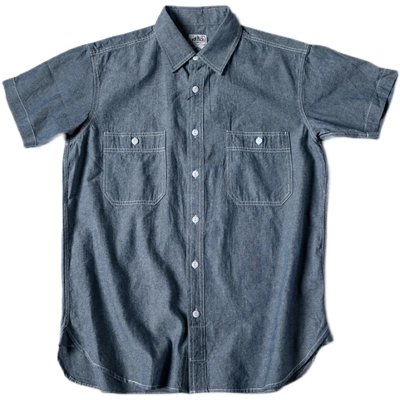 

Summer lightweight short-sleeve shirt in light blue men's basic casual vintage multi-pocket work shirt
