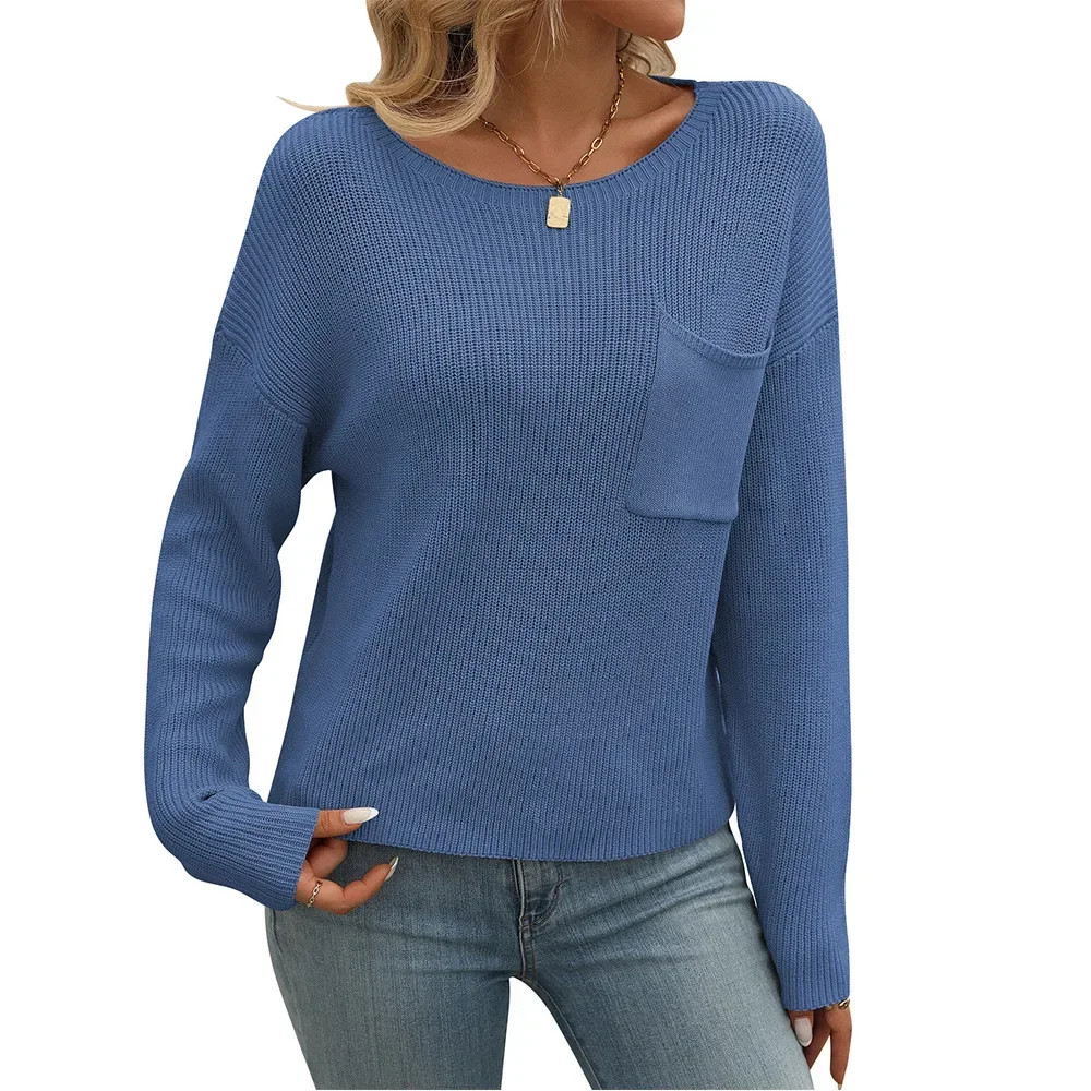 

Women's Sweater Spring Autumn New Female O-neck Knitted Tops Pullovers Women Pocket Casual Loose Long Sleeve Knitwears Tops New