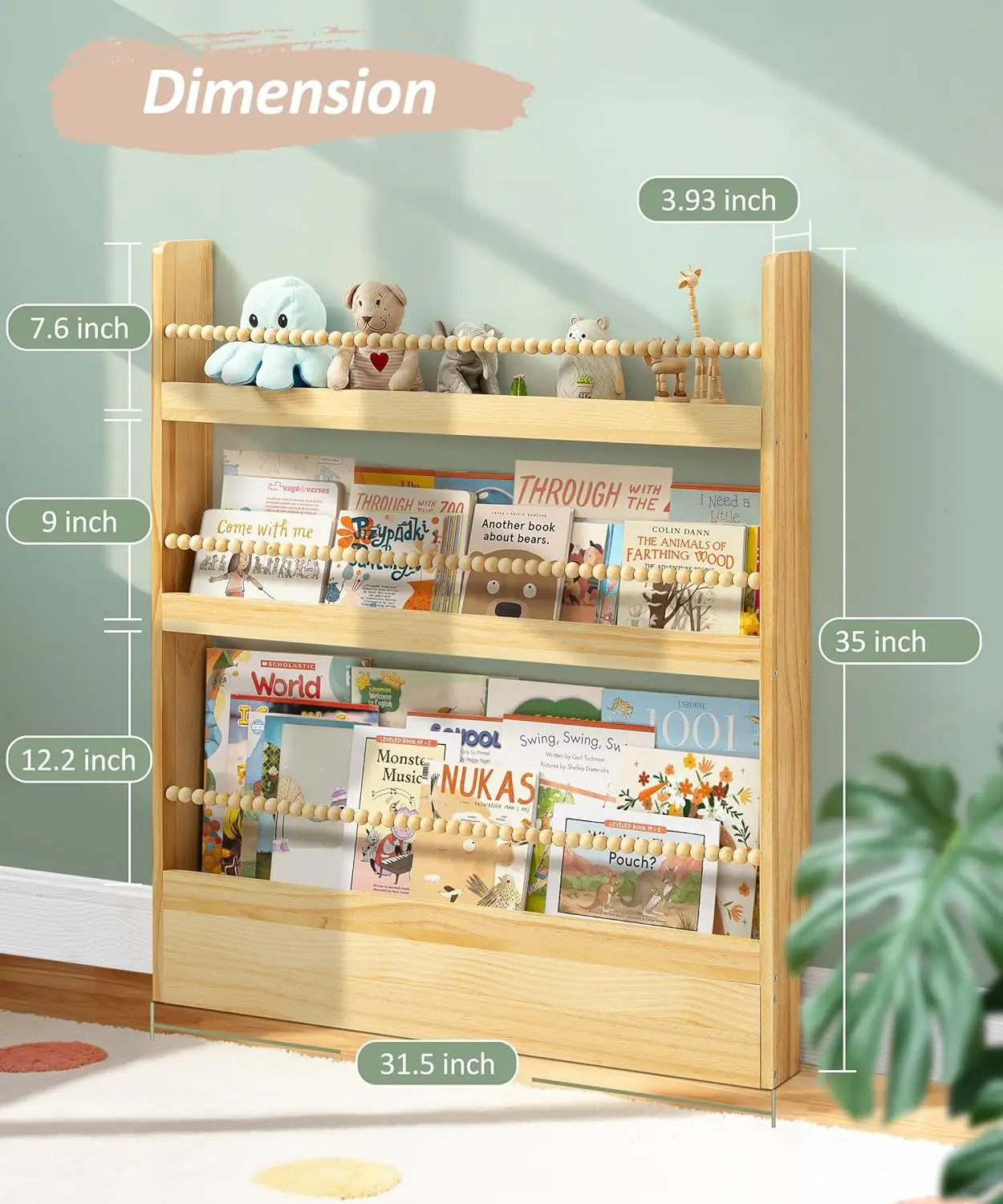 

31.5 Inch Kids Bookshelf, Natural Wood Kid Book Shelf Wall Mount Organizer Shelves Hanging Children Bookcase Reading Nook Boho