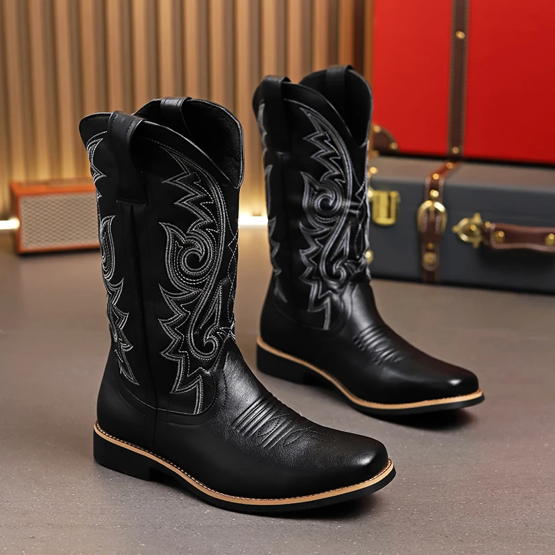 2026 New Men Retro Embroidery High Shaft Boots Western Cowboy Style Casual Non Slip Long Boots for Daily Outdoor Wear Size 38-48