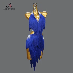 New Blue Latin Dance Dress Competition Fringe Short Skirt Sexy Women Clothes Ballroom Practice Wear Costume Line Prom Cusyomized