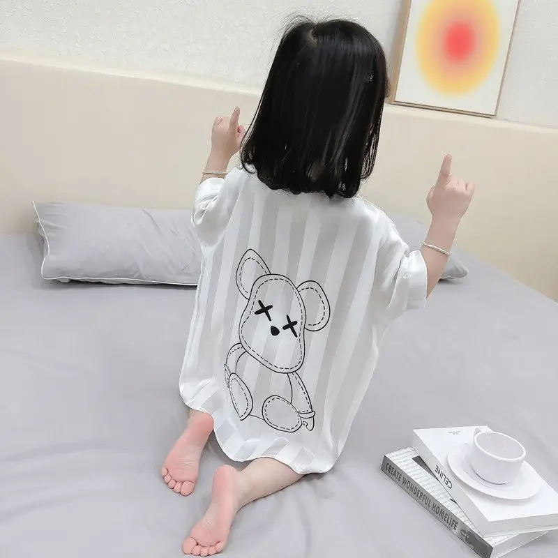 Kawaii Fashion 2026 Summer Thin Modal Kids Pajamas Ice Silk Princess Style Shirt Dress Sleepwear for Girls Children Home Wear