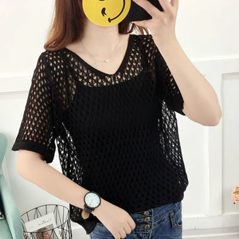 Fashion V-Neck Knitted Solid Color Hollow Out Blouse Women\'s Clothing 2023 Summer New Casual Pullovers Tops Loose Commute Shirt