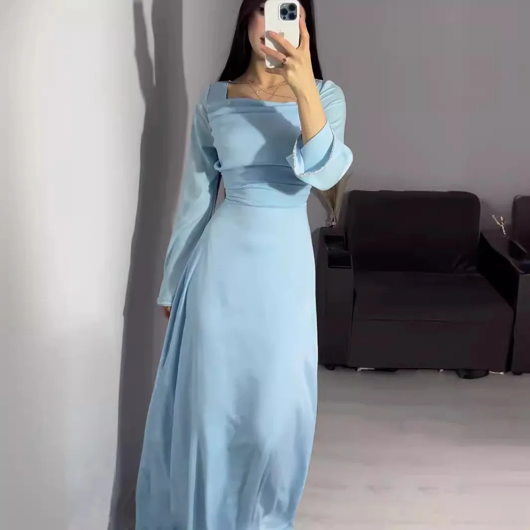 Woman Clothing 2024 Spring New Handmade Diamond Studded Ribbon Design Abaya Solid Color Long Sleeve Satin Slimming Maxi Dress