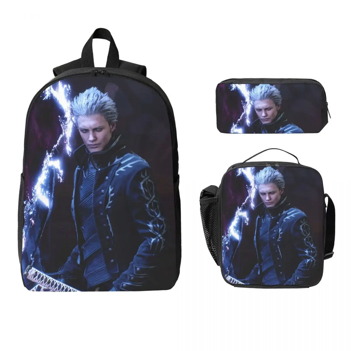 Vergil From The Devil May Cry Series Backpack BookBag School Bag Computer Shoulder Bags 3ps Insulated Lunch Bag Pencil Case