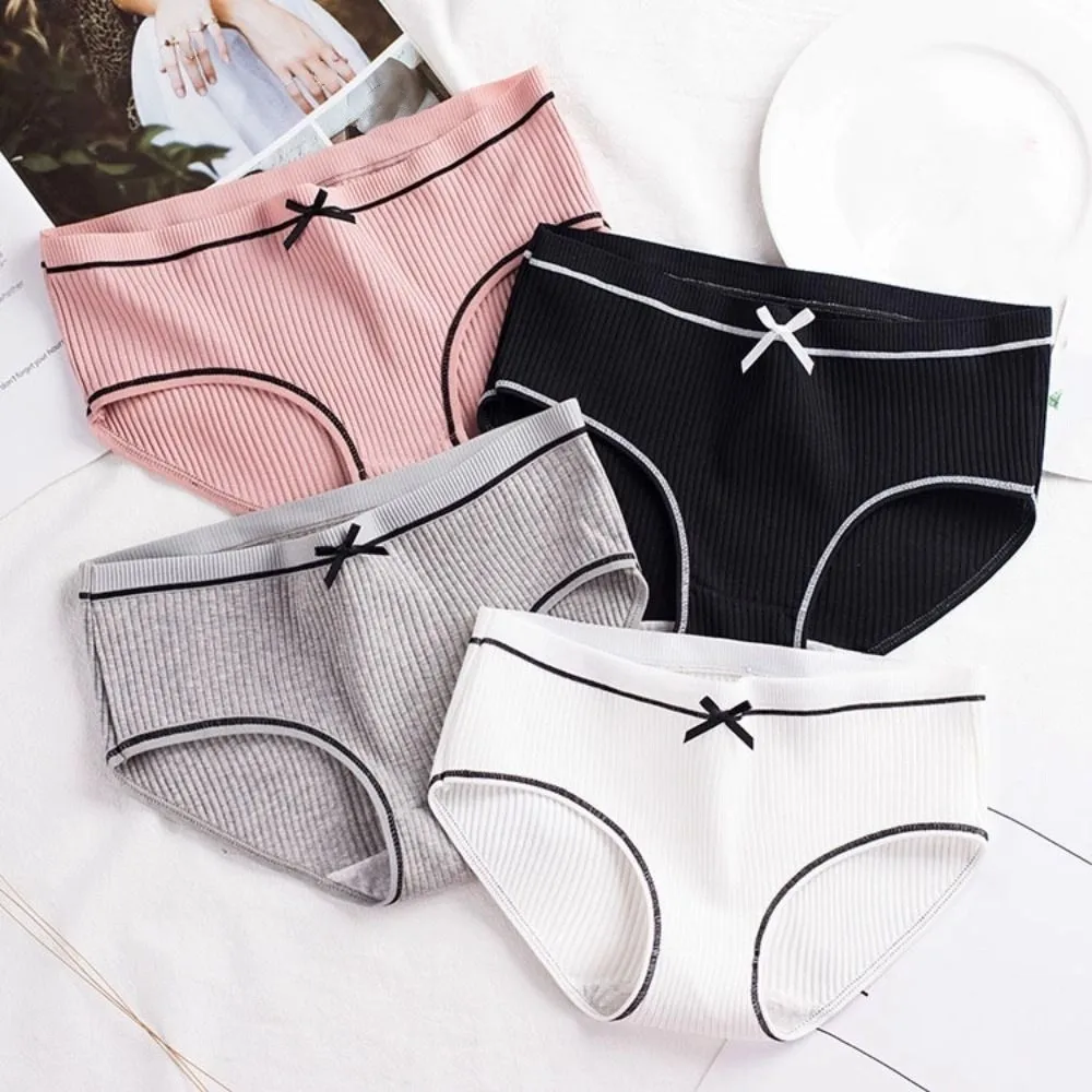 

10PCS Comfortable Bowknot Solid Color Panties Oversized Stripe Underwear Women Underpants Female Lingeries Low Waist Briefs Girl
