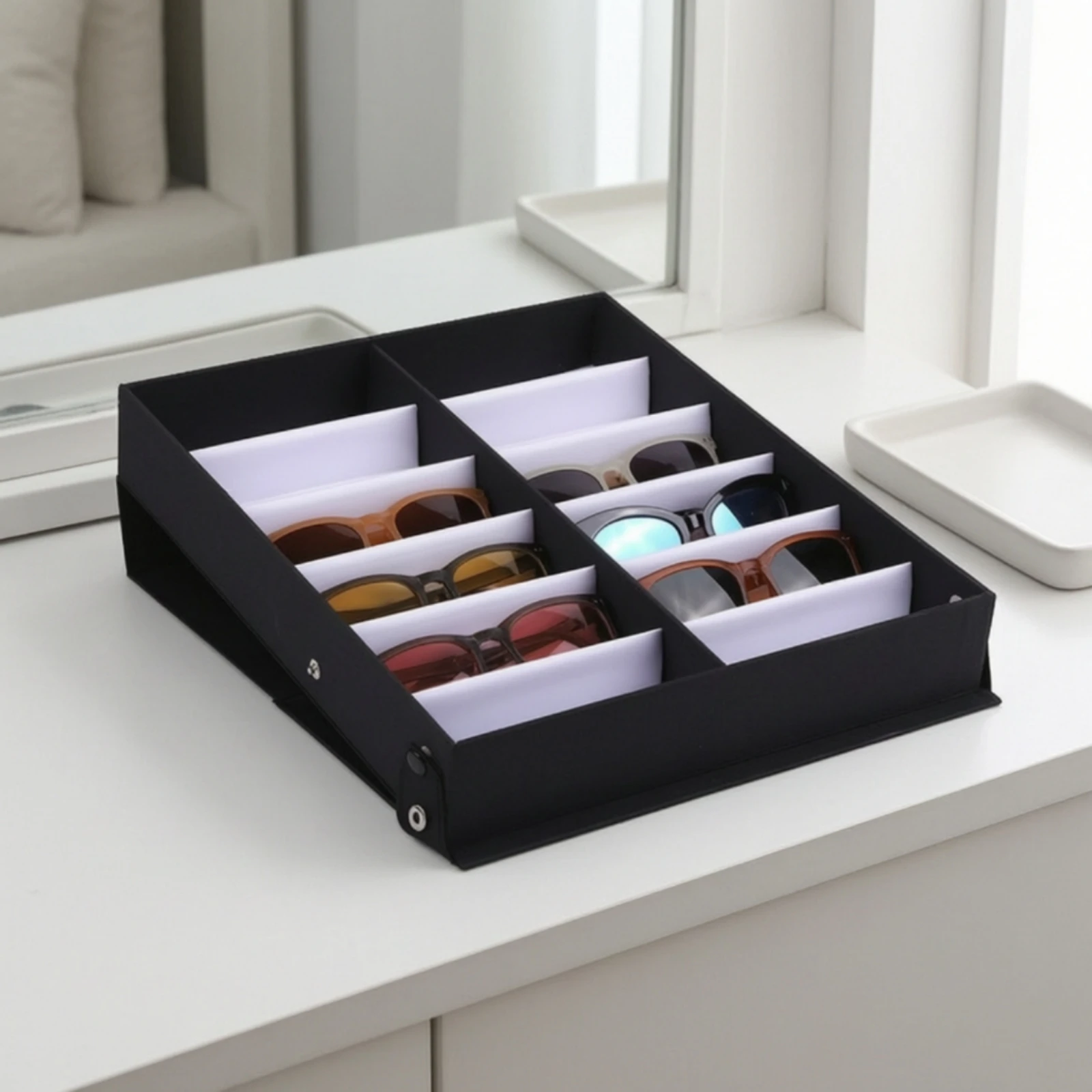 Eyeglass Storage Box with Compartments Travel Compartmentalized Eyewear Storage Case Foldable Sunglasses Organizer Long-Lasting