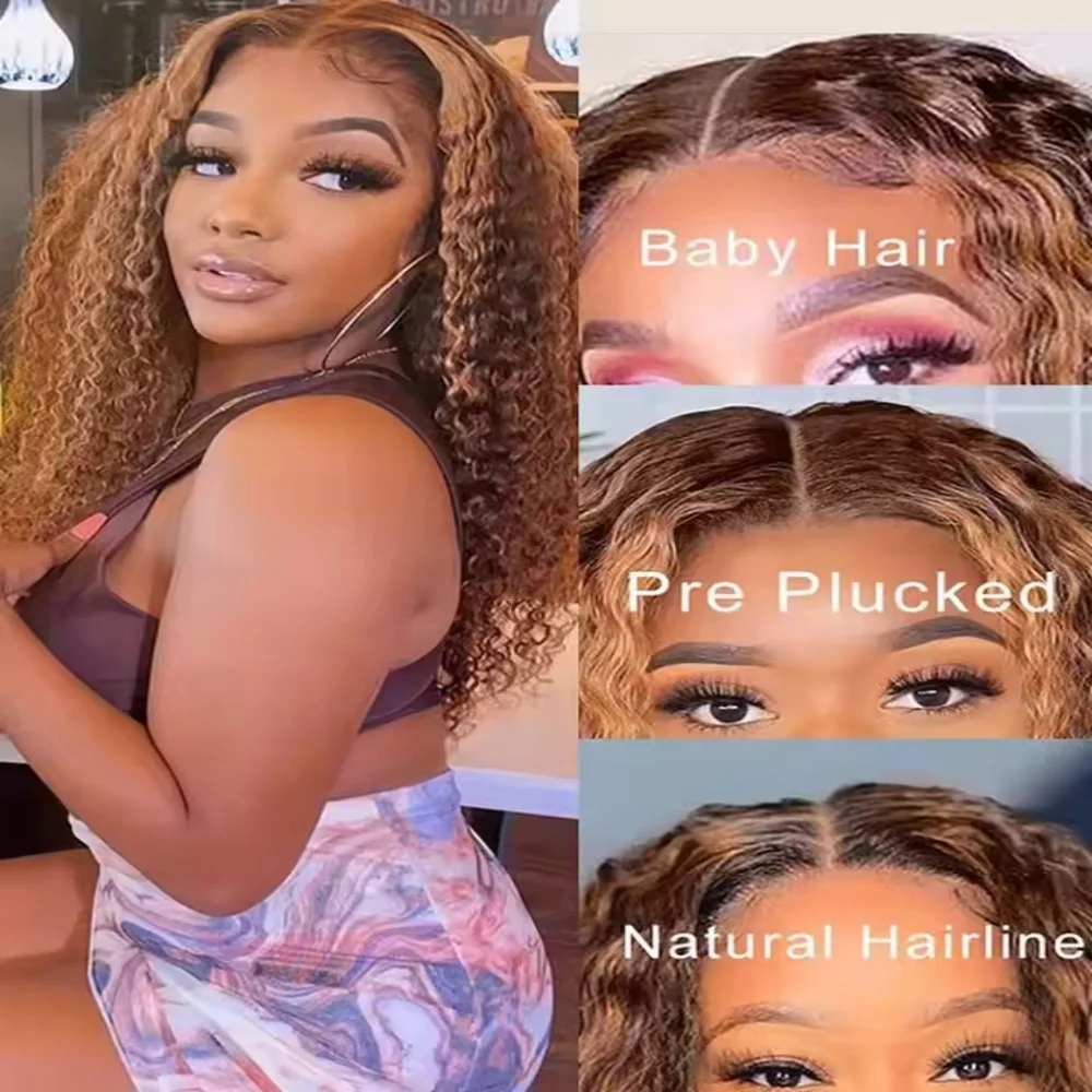 13x4 Colored Highlighted Curly Human Hair Wig 220Density 32 34Inch HD Deep Wave PrePlucked 4/27 Lace Front Wig for Women